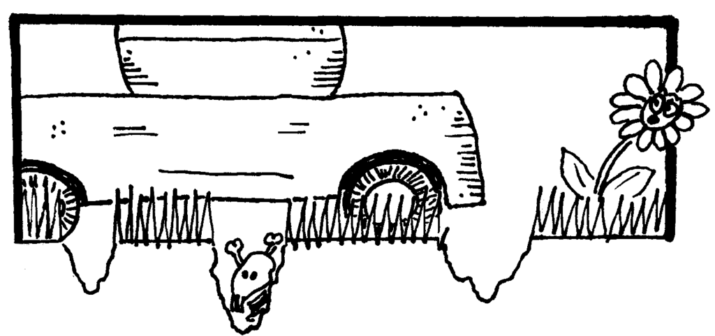 Cartoon of lawnmower moving rough terrain