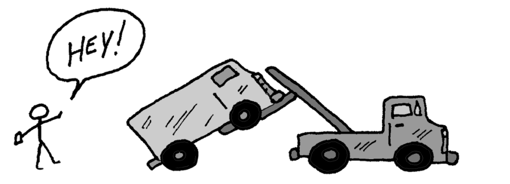 Cartoon of man's car getting towed from Book of Jobs zine.