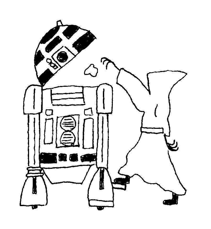 A drawing of a jawa using R2D2 as a trash can
