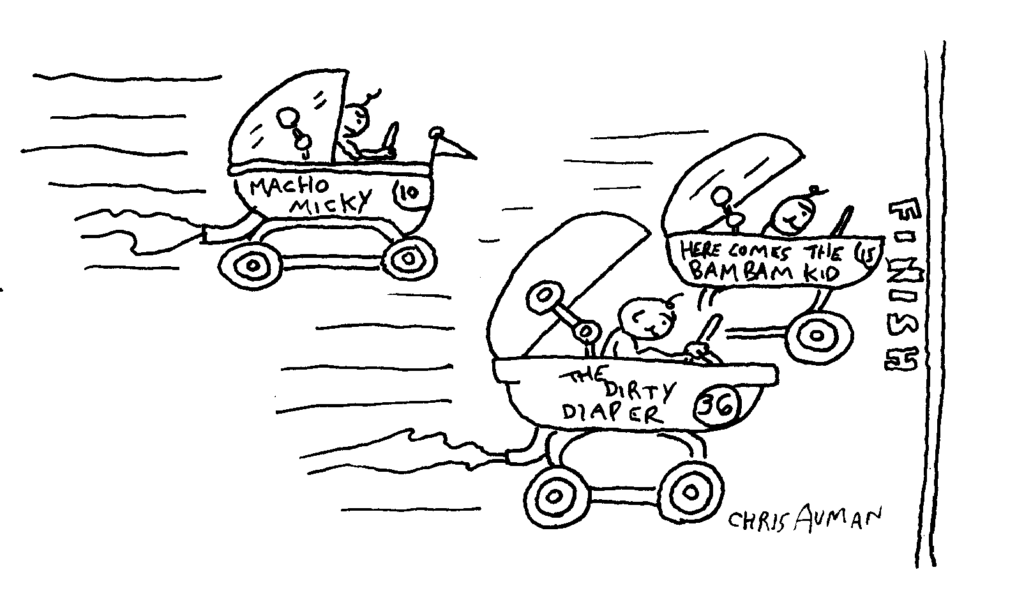Drawing of babies racing in carriages